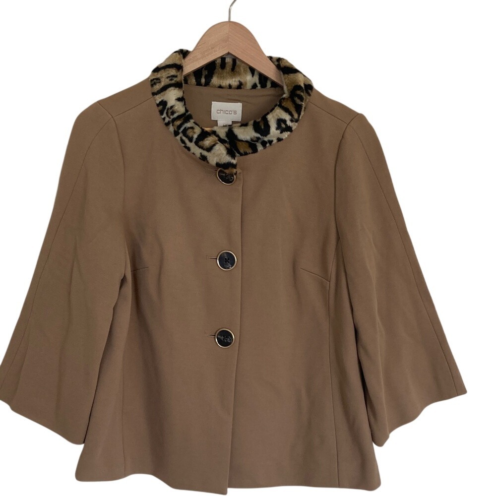 Chico's Camel Pea Swing Coat Leopard Faux-Fur Collar Size Small‎ New Classic